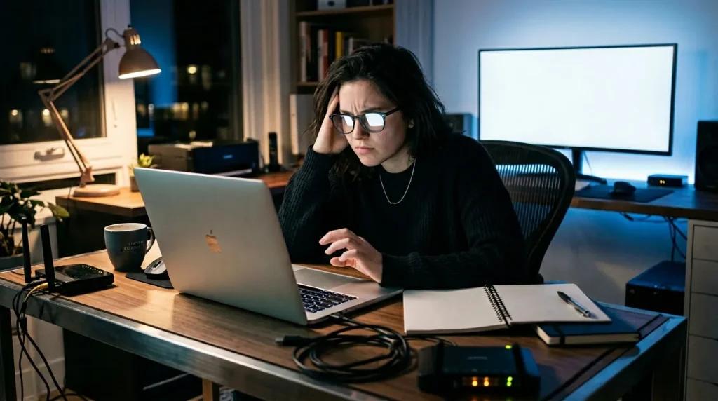 Femme travaillant sur laptop tard le soir au bureau