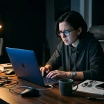 Femme travaillant tard sur laptop dans bureau sombre