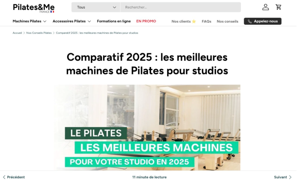 Capture d'écran d'une page web de Pilates&Me présentant un article comparatif sur les meilleurs appareils de Pilates pour les studios en 2025, avec une photo d'appareils Pilates reformer dans une pièce lumineuse.
