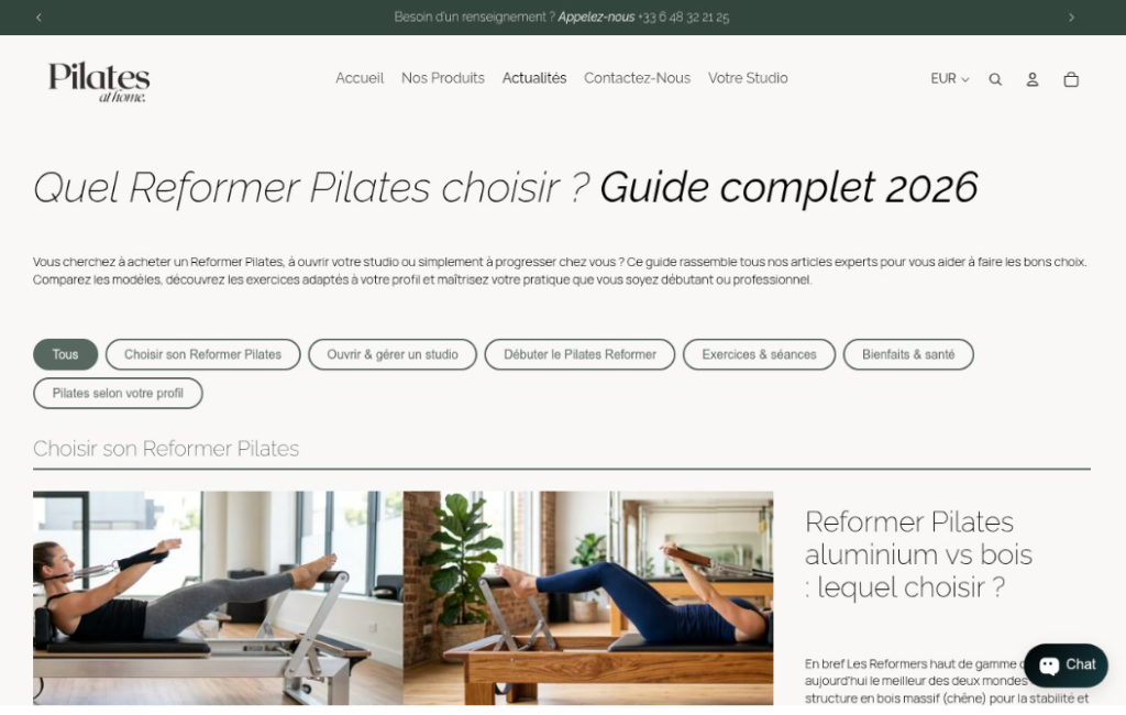 Capture d'écran du site web d'un studio de Pilates affichant un guide 2026 pour le choix des appareils Reformer Pilates, avec des catégories, du texte et des images de femmes faisant de l'exercice sur des appareils de Pilates.