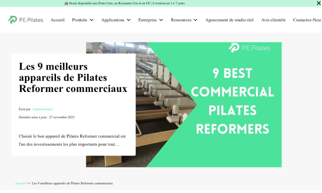 Capture d'écran d'une page web intitulée "Les 9 meilleurs appareils de Pilates Reformer commerciaux" avec des images d'appareils Pilates Reformer et un texte promotionnel vert sur la droite.