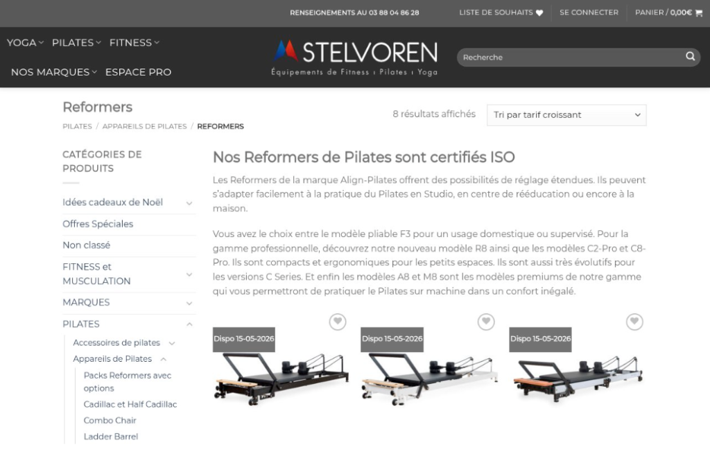 Page présentant des reformateurs Pilates à vendre avec des images de produits, des descriptions, des dates de disponibilité et un menu de navigation sur un site français d'équipement de fitness.