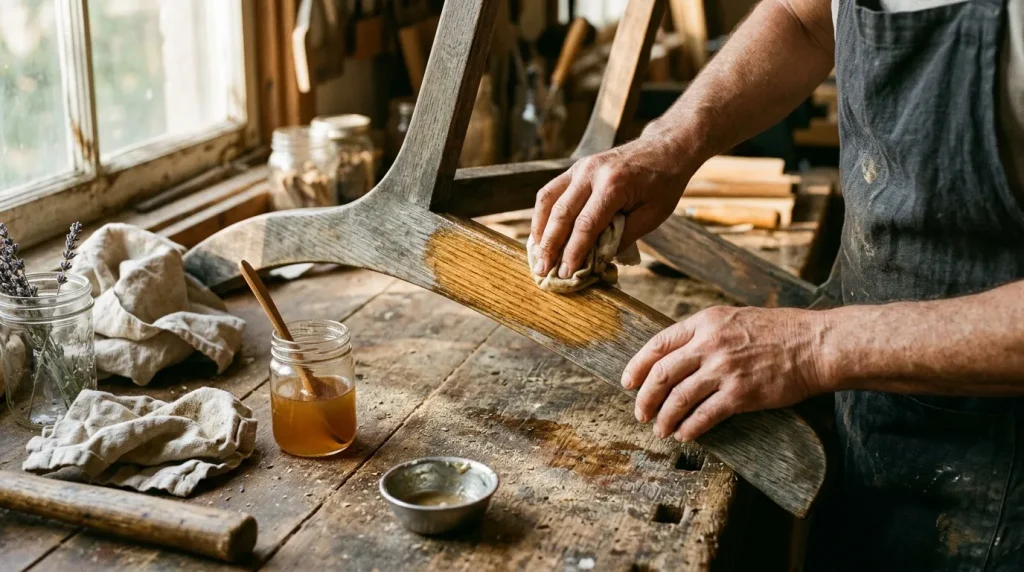 Menuisier appliquant finition sur pièce bois en atelier