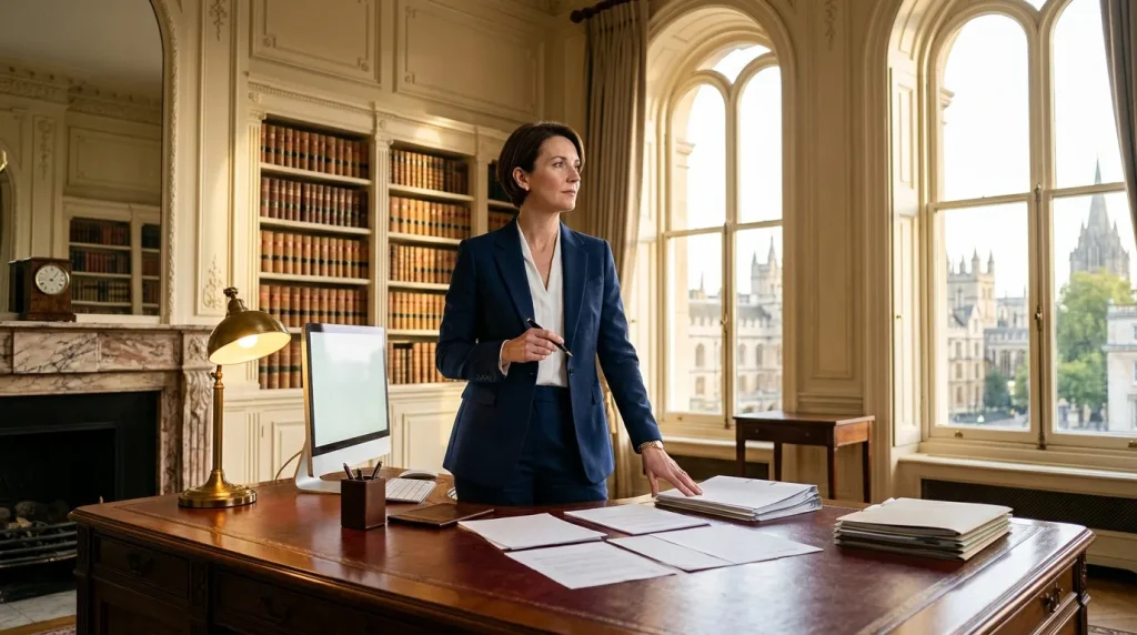 Femme en costume bleu dans bureau prestigieux avec livres de droit