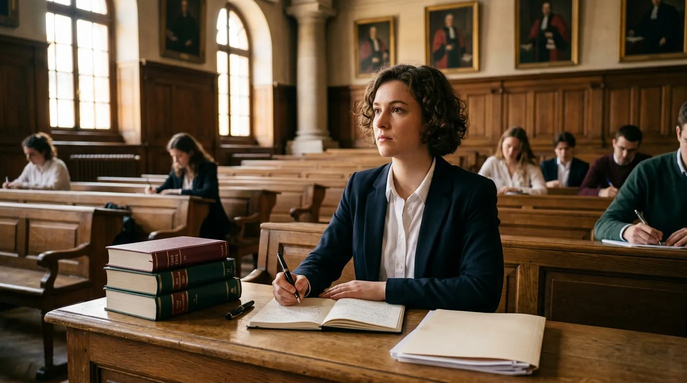 Femme avocate écrivant dans une salle d'audience avec jurés