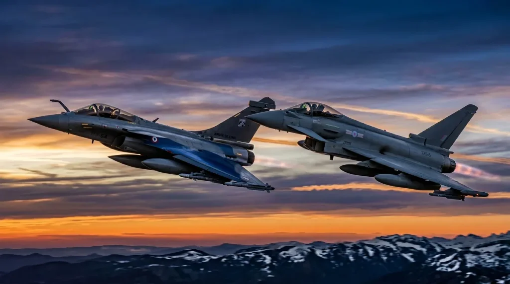 Deux avions de chasse Eurofighter volant en formation au coucher de soleil
