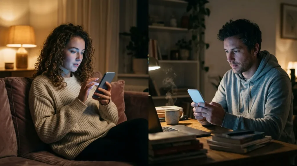 Homme et femme utilisant leurs téléphones dans un salon confortable