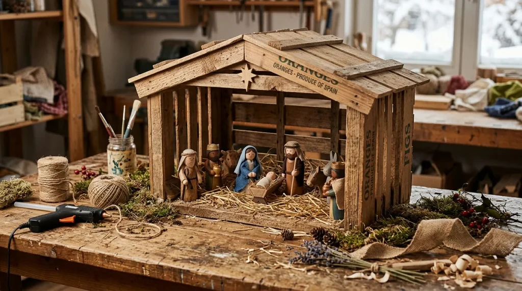 Petite crèche de Noël en bois avec figurines dans atelier