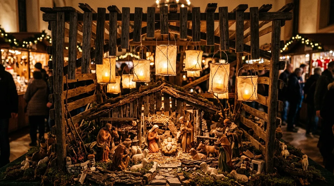 Crèche traditionnelle avec figurines éclairée par lanternes dorées