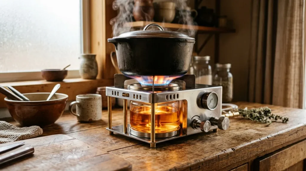 Casserole mijotant sur réchaud de camping en bois rustique