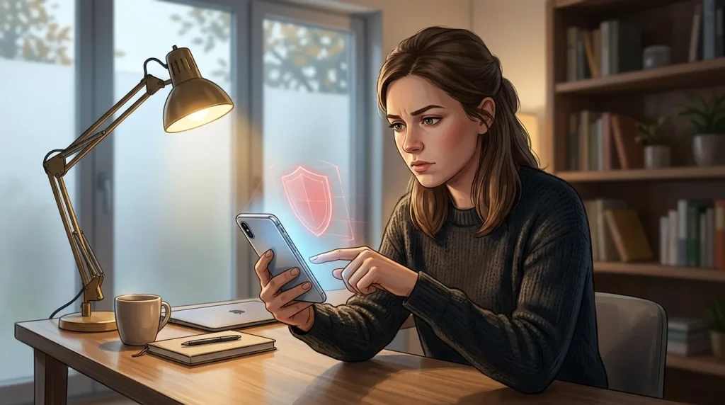 Femme inquiète regardant smartphone avec bouclier de sécurité