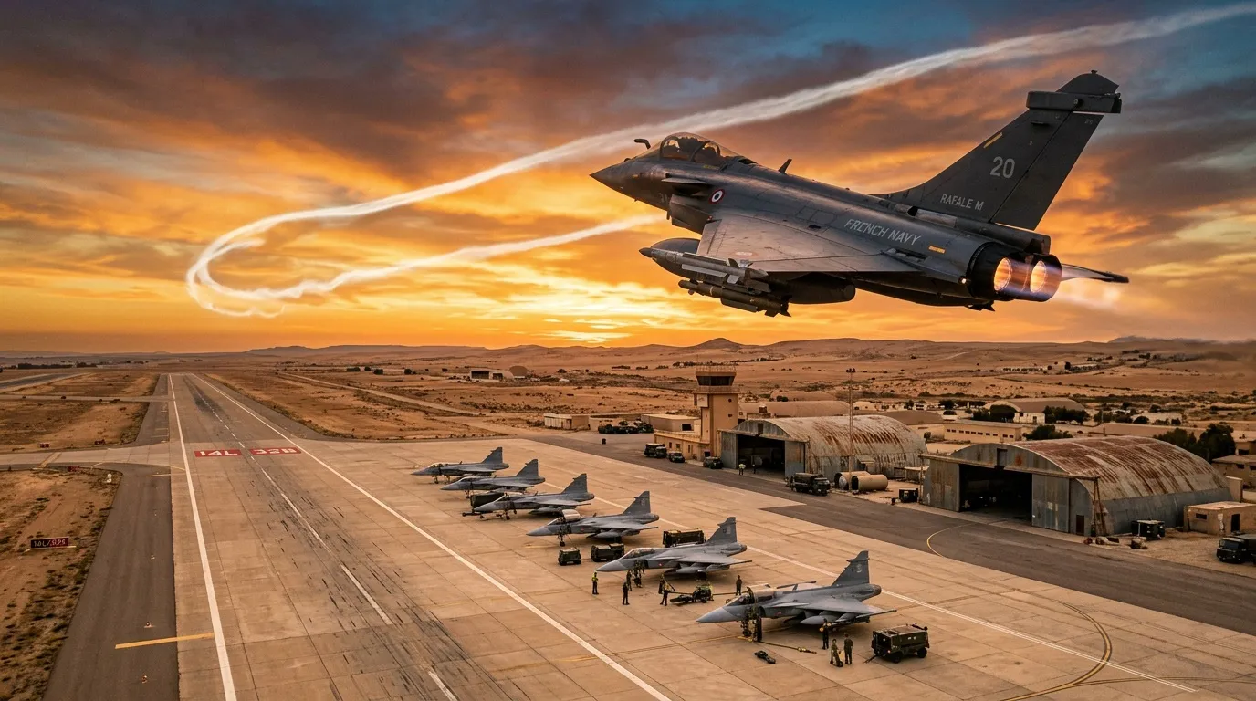 Avion de chasse Rafale décollant d'une base aérienne désertique