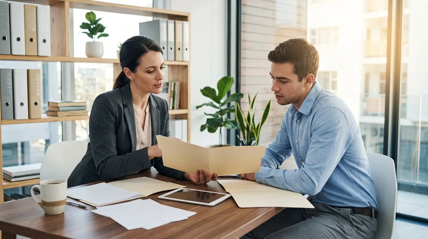 Deux professionnels discutent documents à table bureau