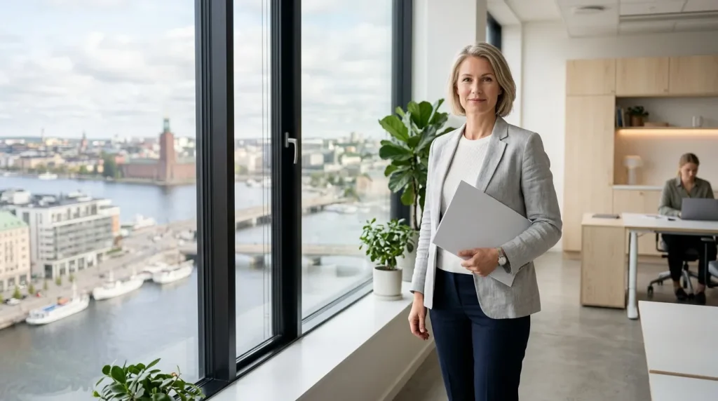 Femme d'affaires tenant un document dans bureau panoramique