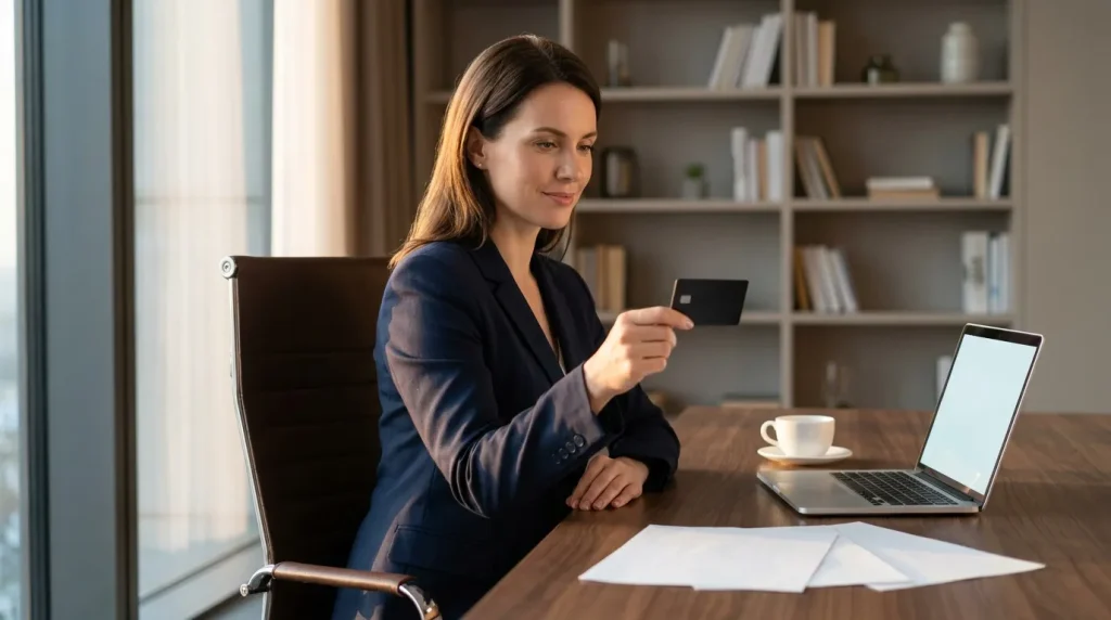 Femme en blazer bleu tenant une carte bancaire devant un ordinateur portable