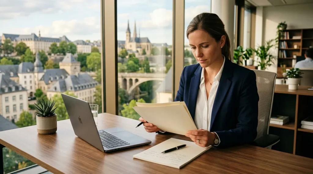 Femme en costume consulte des documents au bureau avec vue urbaine
