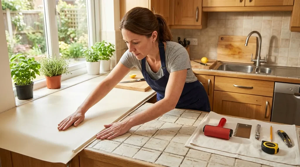 Femme examine échantillons carrelage cuisine