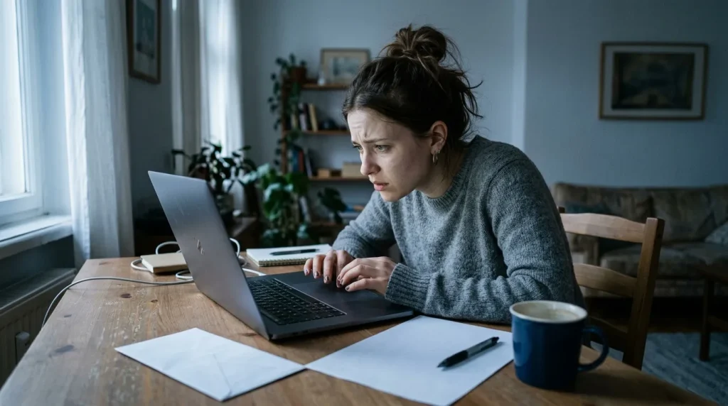 Femme en gris travaille sur ordinateur portable à son bureau