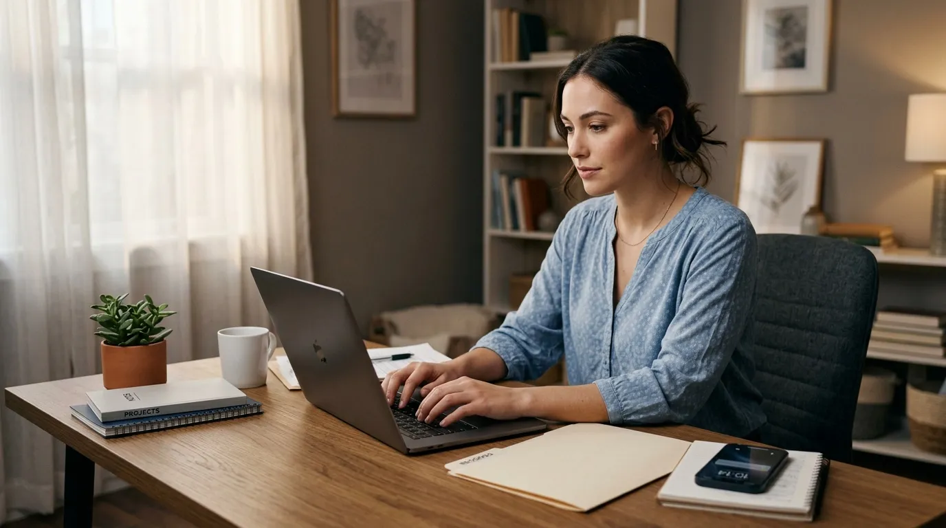 Femme en chemise bleue travaillant sur laptop à son bureau
