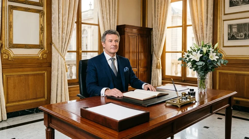 Homme en costume bleu assis à un bureau en bois massif