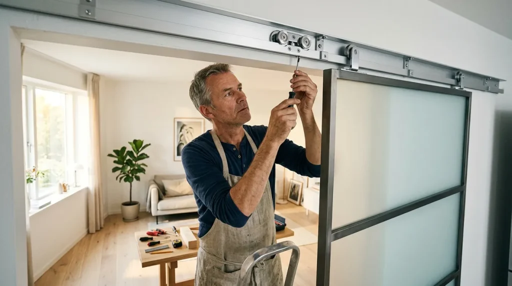 Homme installant mécanisme automatique porte coulissante