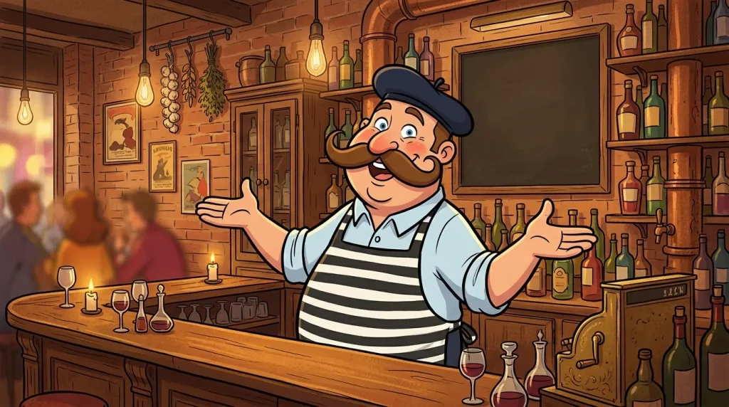 Caricature d'un barman jovial derrière son comptoir de bar
