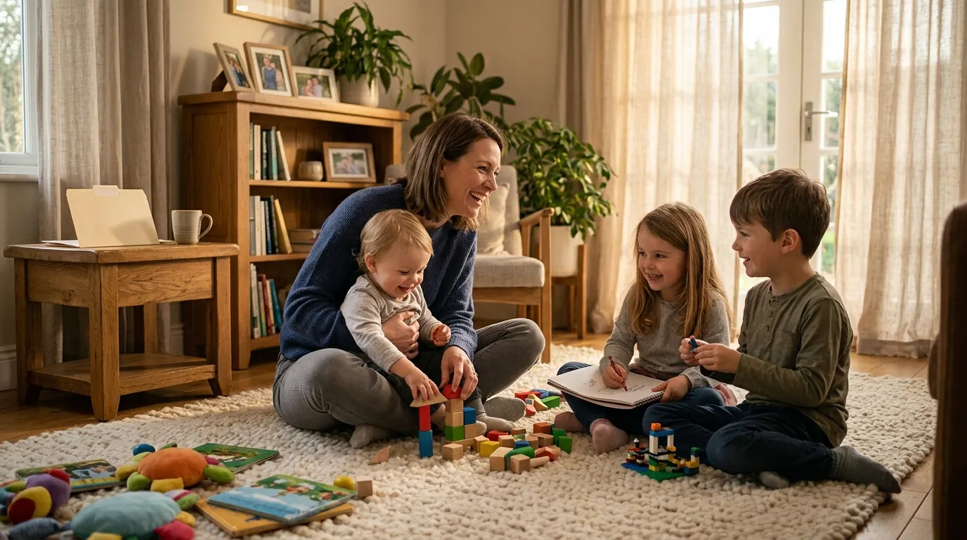Une femme et trois enfants jouent ensemble dans un salon ensoleillé