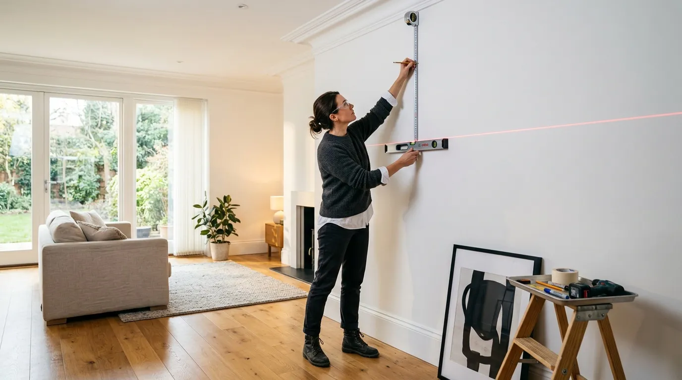 Homme mesurant un mur blanc avec niveau laser et mètre ruban