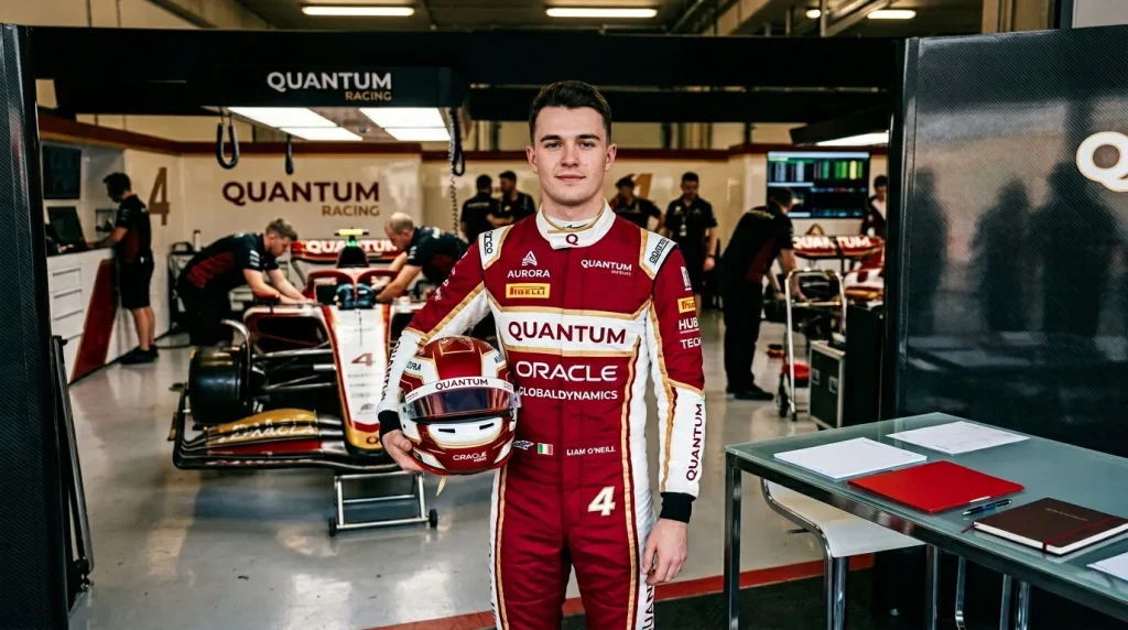 Pilote en combinaison rouge tenant son casque dans garage