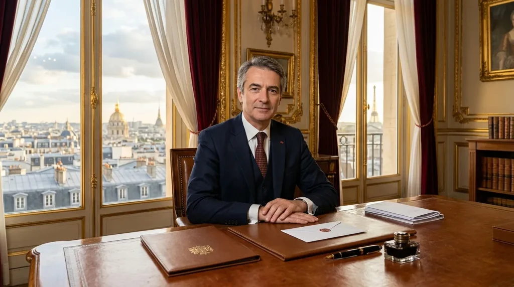 Homme en costume dans un bureau élégant avec vue sur Paris
