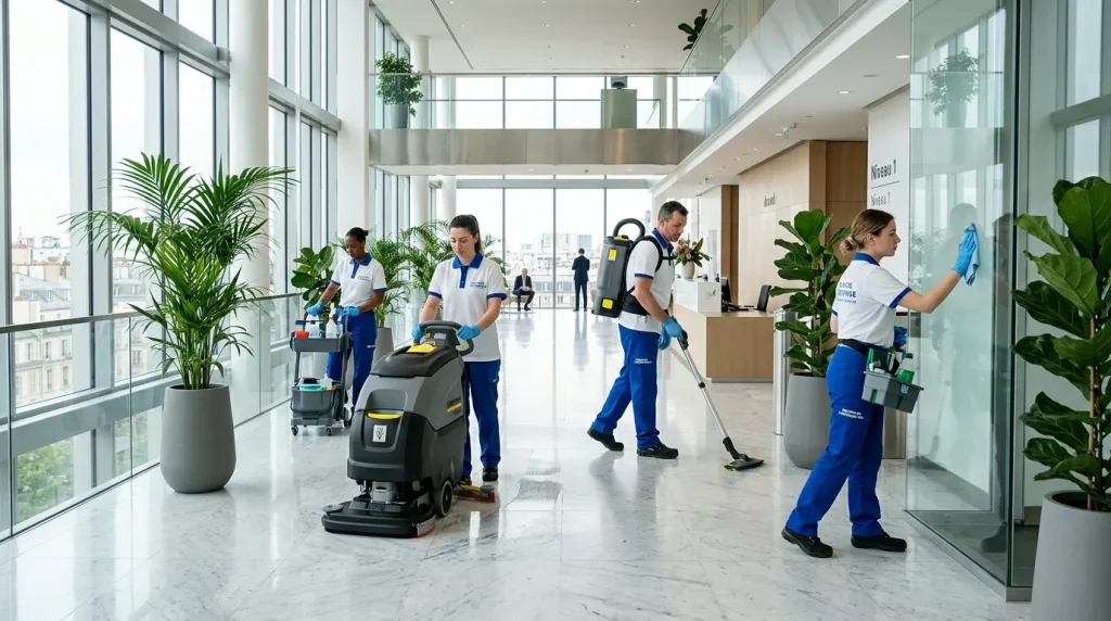 Agents de nettoyage en uniforme bleu travaillant dans immeuble