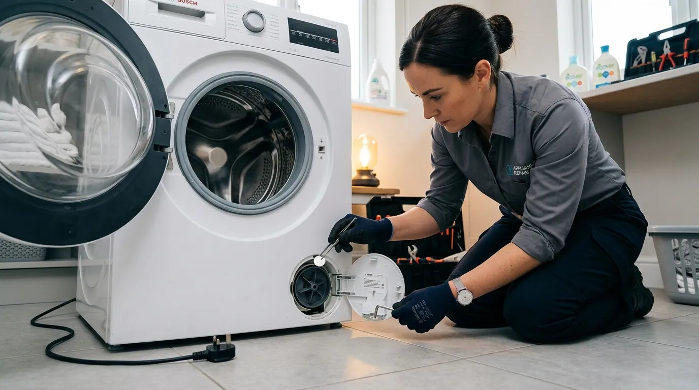 Technicienne répare un sèche-linge Bosch blanc en atelier