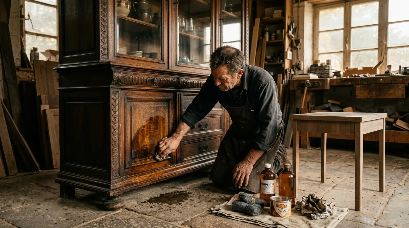 Menuisier restaure un meuble en bois dans son atelier