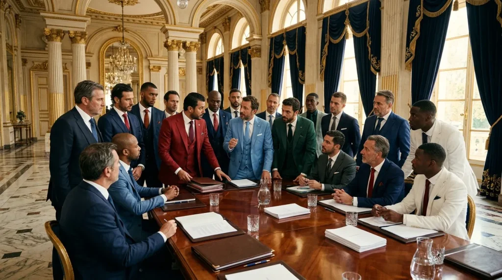 Groupe d'hommes en costume lors d'une réunion formelle