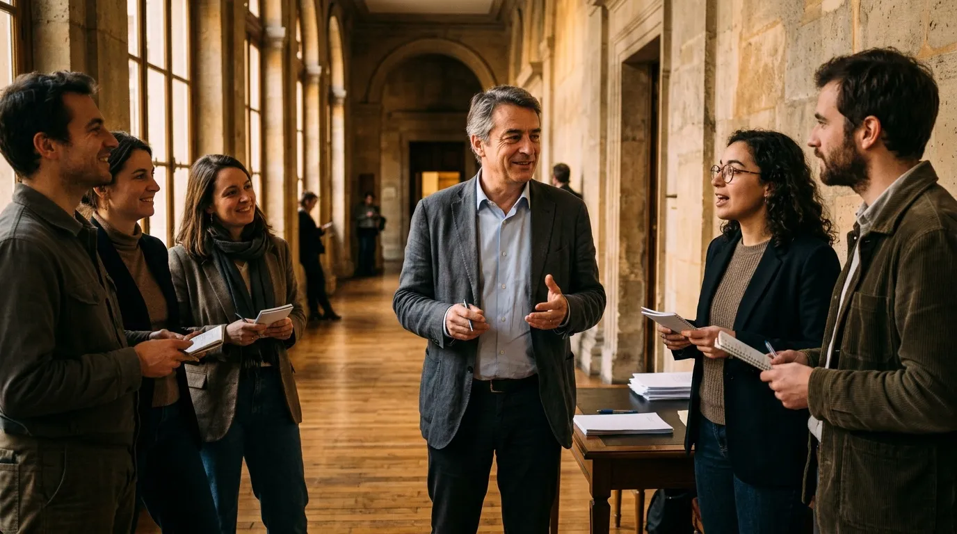 Groupe de professionnels discutant dans un couloir ancien