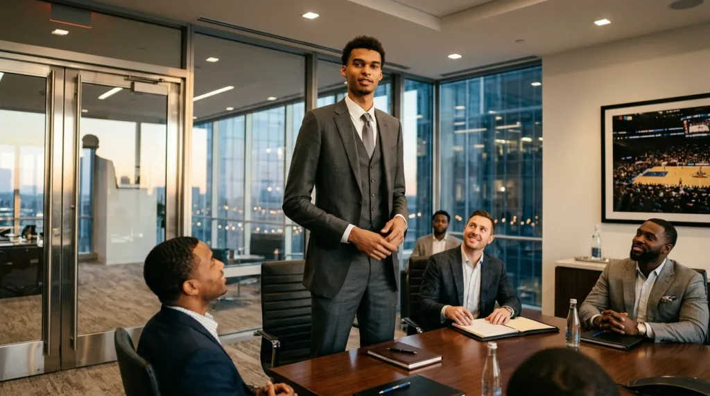 Homme présentant debout devant collègues assis autour table