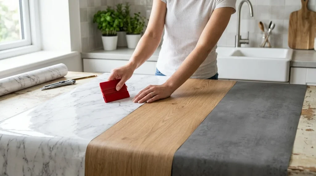 Femme comparant des échantillons de revêtements pour cuisine
