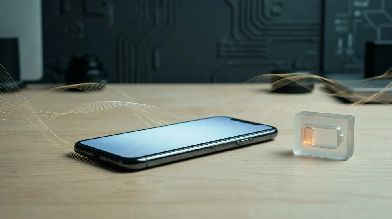Téléphone noir sur bureau avec dispositif technologique luminescent