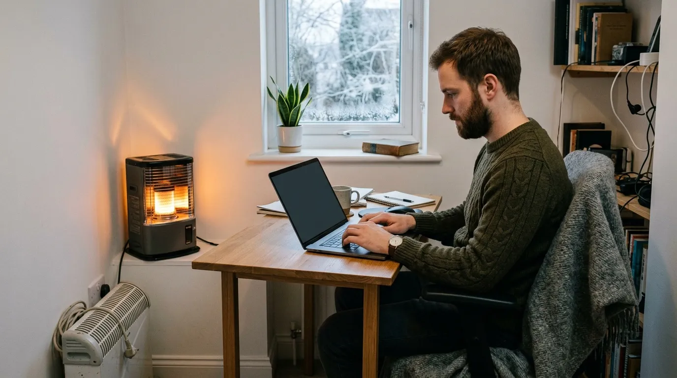 Homme travaillant sur ordinateur portable près d'un radiateur.