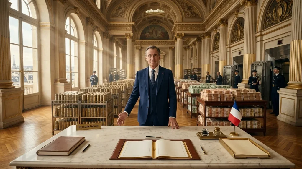 Homme en costume bleu devant table de marbre dans galerie ornée remplie d'argent