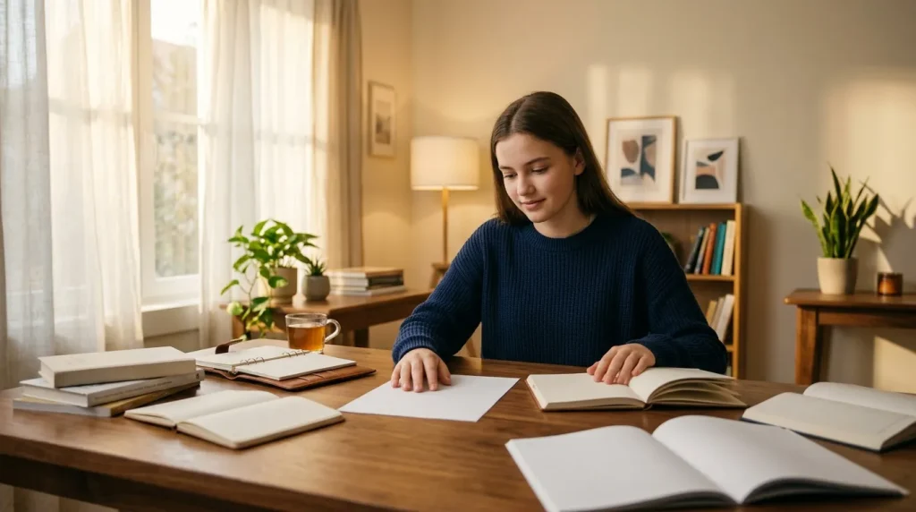 Jeune fille lisant des livres à son bureau de travail