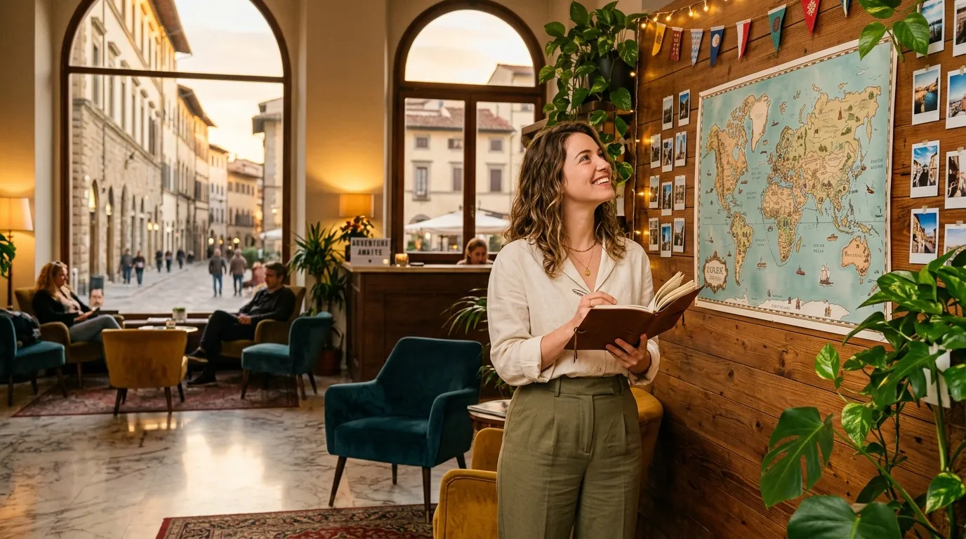Femme lisant un livre dans un hall d'hôtel élégant