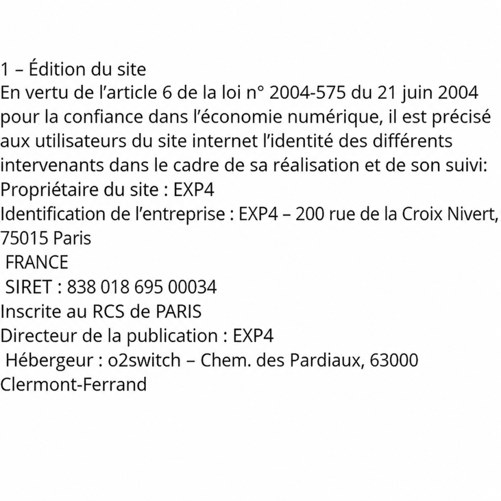 Un bloc de texte juridique en français indiquant les informations relatives à la propriété du site et les coordonnées, notamment la raison sociale, l'adresse, le numéro SIRET et les informations concernant l'hébergeur.