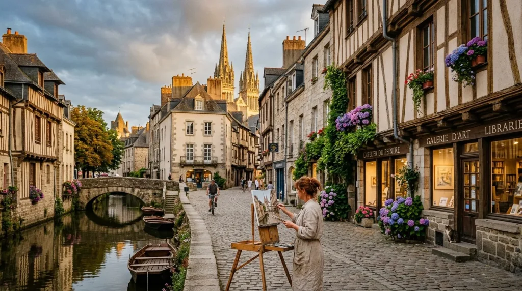 Femme peignant dans une rue historique avec canal et fleurs