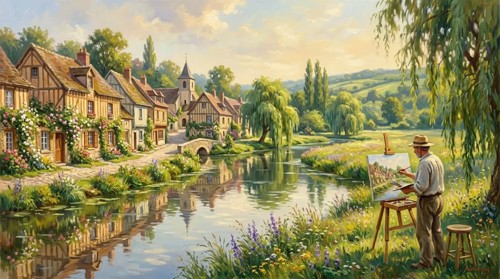 Peintre devant un village anglais traditionnel au bord de l'eau
