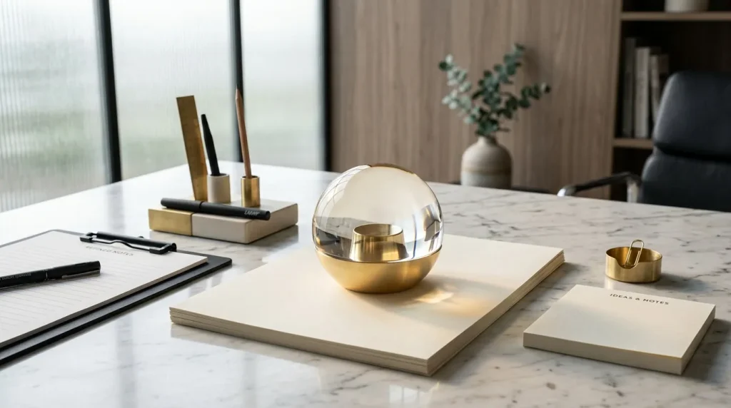 Bureau avec accessoires dorés, marbre et fournitures de travail