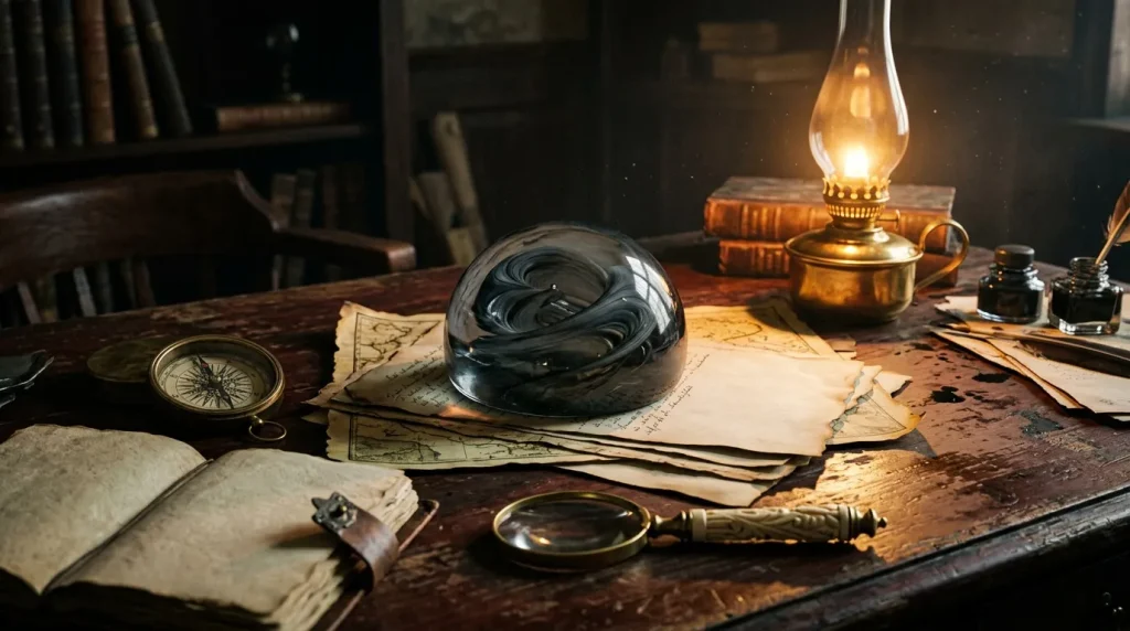 Bureau ancien avec lampe, cartes, globe et instruments d'étude