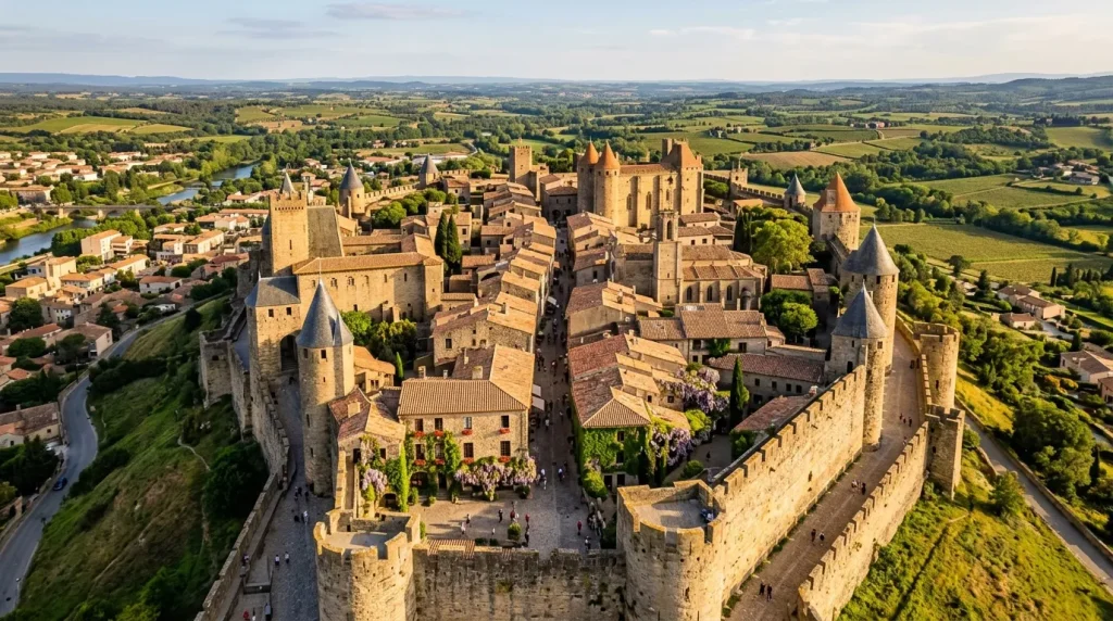 Château fortifié médiéval entouré de murailles dans paysage vert.