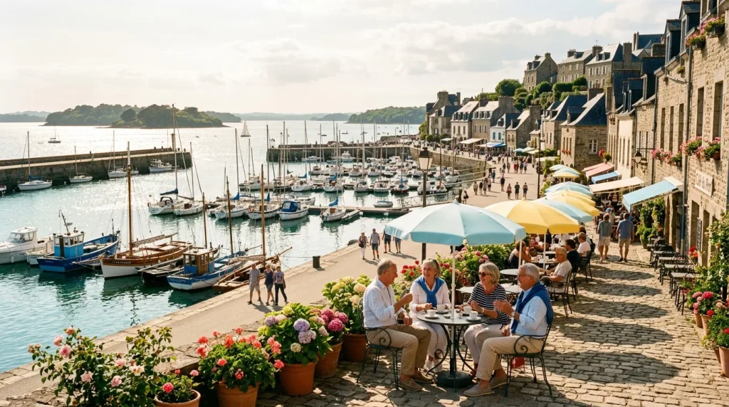 Port de pêche pittoresque avec bateaux et terrasse fleurie