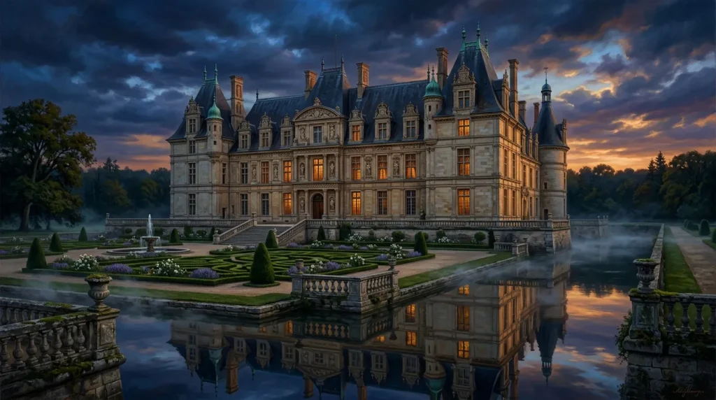 Château de style château de la Loire reflété dans un étang au coucher de soleil